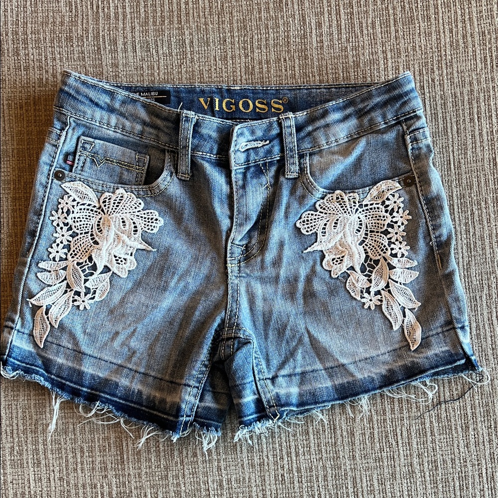 Vigoss Women's Light Blue Jean Shorts with Lace Accents